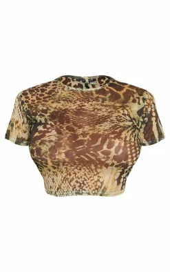 PrettyLittleThing T-Shirts*Shape Green Animal Printed Mesh Longline T-shirt