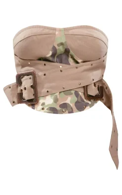 Sale PrettyLittleThing Shape Camo Print Belted Corset Crop Top Green