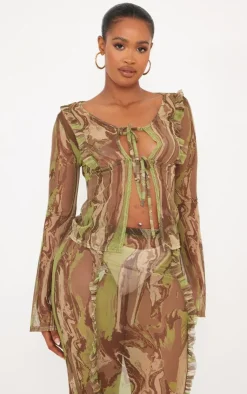 Best PrettyLittleThing Shape Creased Denim Printed Mesh Tie Front Frill Edge Top Green