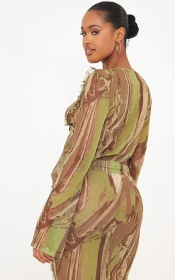 Best PrettyLittleThing Shape Creased Denim Printed Mesh Tie Front Frill Edge Top Green