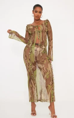 Best PrettyLittleThing Shape Creased Denim Printed Mesh Tie Front Frill Edge Top Green