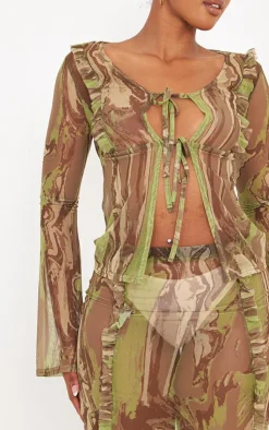 Best PrettyLittleThing Shape Creased Denim Printed Mesh Tie Front Frill Edge Top Green