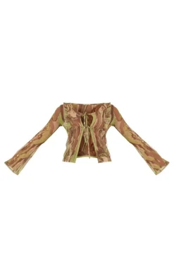 Best PrettyLittleThing Shape Creased Denim Printed Mesh Tie Front Frill Edge Top Green