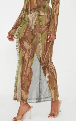 Discount PrettyLittleThing Shape Creased Denim Print Mesh Ruffle Detail Maxi Skirt Green