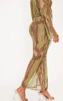 Discount PrettyLittleThing Shape Creased Denim Print Mesh Ruffle Detail Maxi Skirt Green