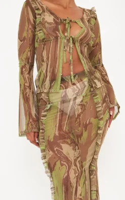 Discount PrettyLittleThing Shape Creased Denim Print Mesh Ruffle Detail Maxi Skirt Green