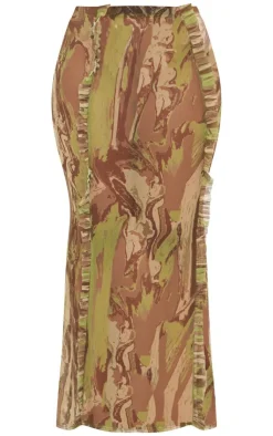 Discount PrettyLittleThing Shape Creased Denim Print Mesh Ruffle Detail Maxi Skirt Green