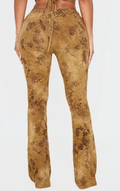 Sale PrettyLittleThing Shape Devore Dipped Waist Rushed Pants Green