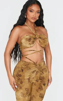 Online PrettyLittleThing Shape Devore Knot Front Bralet Green