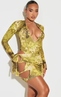New PrettyLittleThing Shape Floral Animal Printed Slinky Cut Out Tie Detail Mini Skirt Green