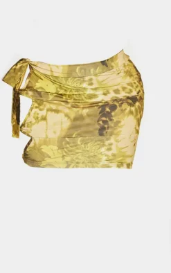 New PrettyLittleThing Shape Floral Animal Printed Slinky Cut Out Tie Detail Mini Skirt Green