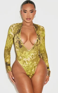 Best PrettyLittleThing Shape Animal Printed Slinky Plunge Long Sleeve Bodysuit Green