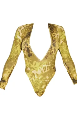 Best PrettyLittleThing Shape Animal Printed Slinky Plunge Long Sleeve Bodysuit Green