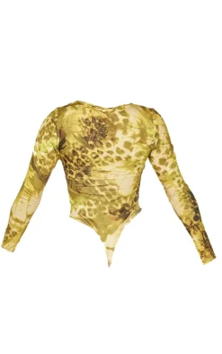 Best PrettyLittleThing Shape Animal Printed Slinky Plunge Long Sleeve Bodysuit Green