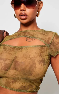 Outlet PrettyLittleThing Shape Mesh Tie Dye Print Cut Out Front Crop Top Green