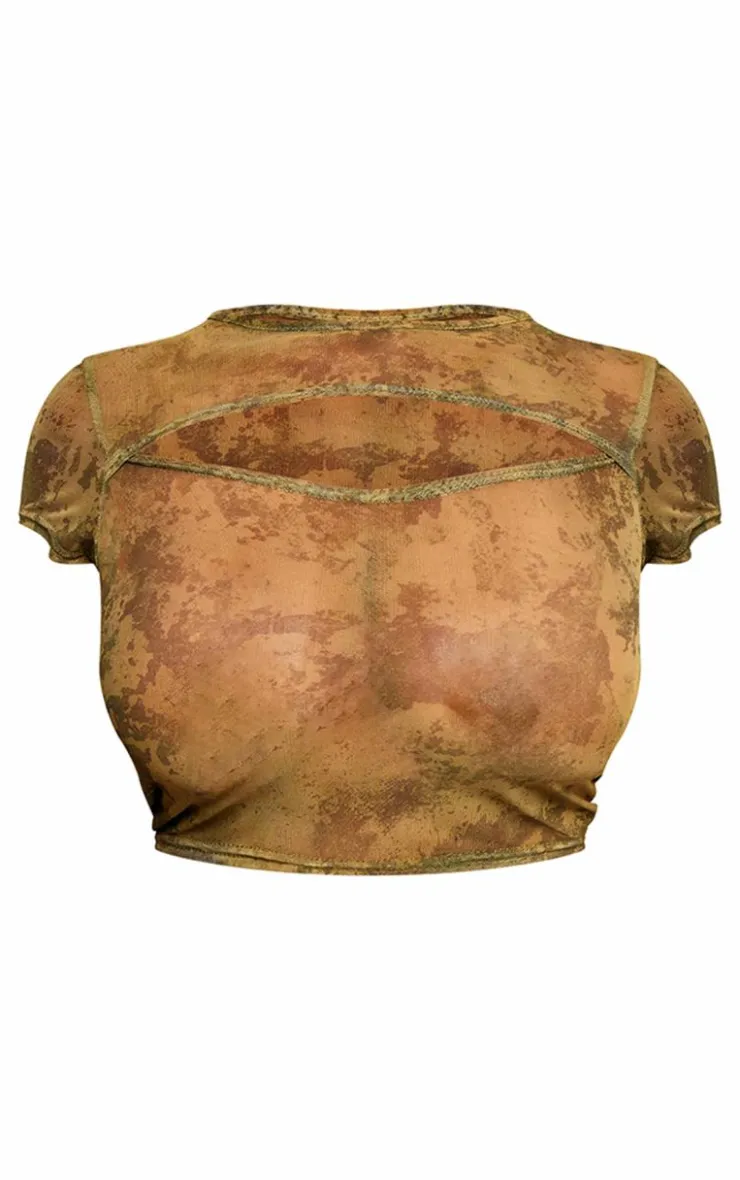 Outlet PrettyLittleThing Shape Mesh Tie Dye Print Cut Out Front Crop Top Green