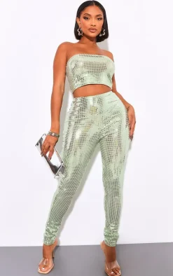 Hot PrettyLittleThing Shape Mirrored Sequin Leggings Green