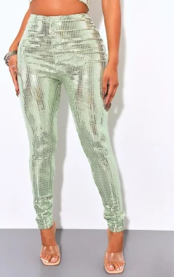 Hot PrettyLittleThing Shape Mirrored Sequin Leggings Green