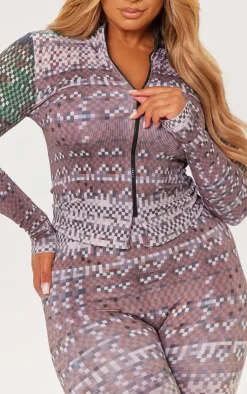 PrettyLittleThing Shape Pixel Camo Print Branded Double Zip Gym Top Green