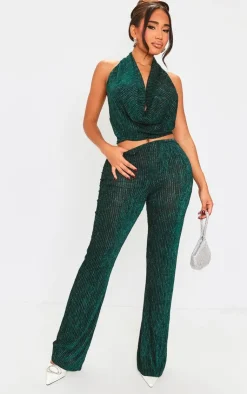 PrettyLittleThing Shape Plisse Glitter High Waist Wide Leg Pants Green