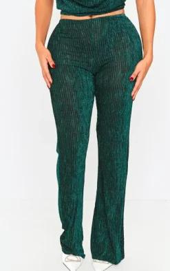 PrettyLittleThing Shape Plisse Glitter High Waist Wide Leg Pants Green