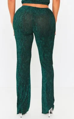 PrettyLittleThing Shape Plisse Glitter High Waist Wide Leg Pants Green