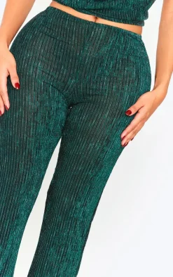 PrettyLittleThing Shape Plisse Glitter High Waist Wide Leg Pants Green