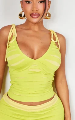 Best PrettyLittleThing Shape Seamless Shredded Shoulder Tie Crop Top Green