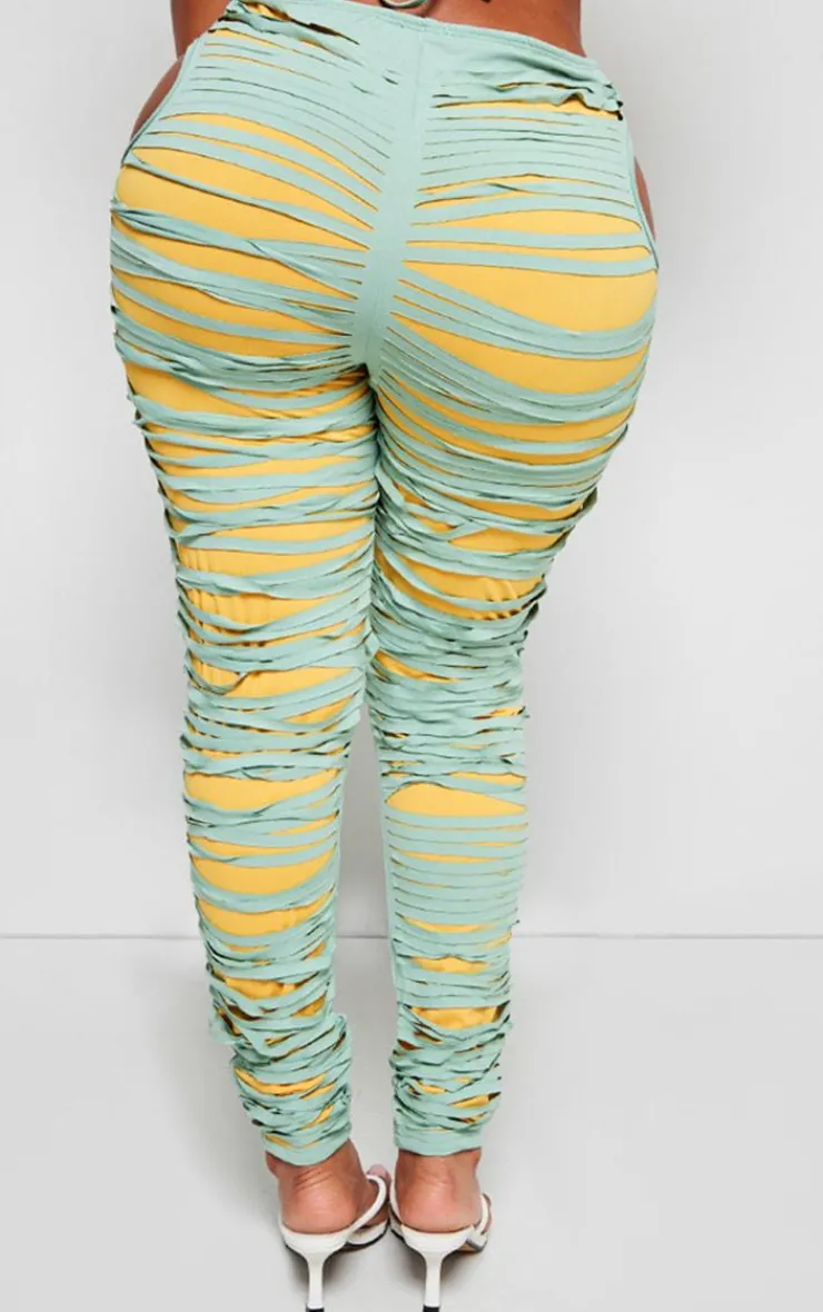 PrettyLittleThing Shape Seamless Shredded Detail Skinny Pants Green
