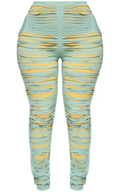 PrettyLittleThing Shape Seamless Shredded Detail Skinny Pants Green
