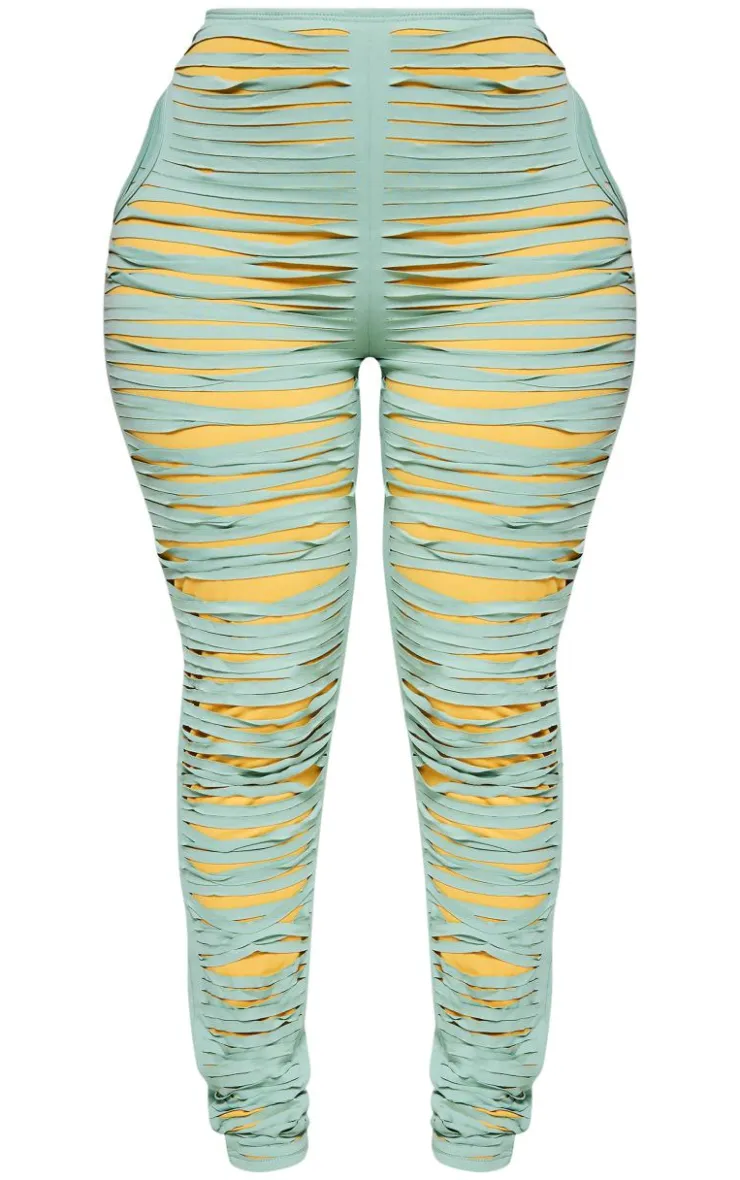PrettyLittleThing Shape Seamless Shredded Detail Skinny Pants Green