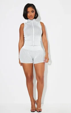 Outlet PrettyLittleThing Shape Contrast Snatched Rib Sleeveless Zip Front Top Grey