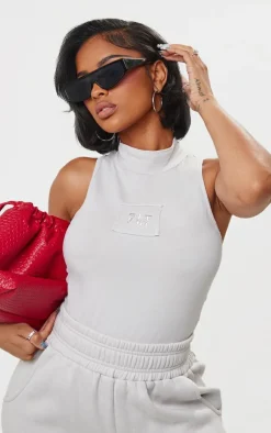 Discount PrettyLittleThing Shape Cotton High Neck Sleeveless Bodysuit Grey