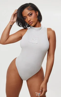 Discount PrettyLittleThing Shape Cotton High Neck Sleeveless Bodysuit Grey