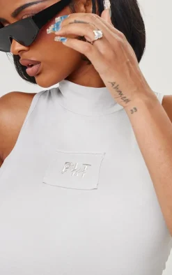 Discount PrettyLittleThing Shape Cotton High Neck Sleeveless Bodysuit Grey
