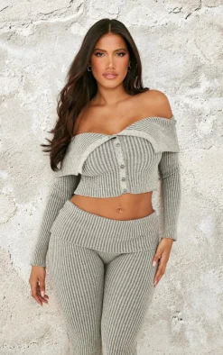 PrettyLittleThing Shape Fold Over Bardot Button Up Ribbed Top Grey