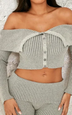 PrettyLittleThing Shape Fold Over Bardot Button Up Ribbed Top Grey