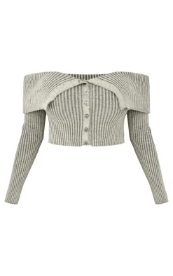 PrettyLittleThing Shape Fold Over Bardot Button Up Ribbed Top Grey