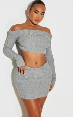 Hot PrettyLittleThing Shape Fold Over Rib Knit Dipped Hem Top Grey