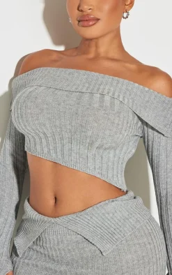 Hot PrettyLittleThing Shape Fold Over Rib Knit Dipped Hem Top Grey