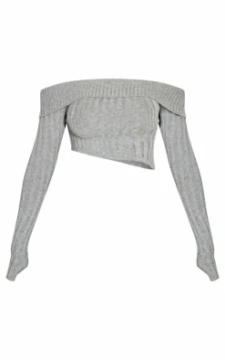 Hot PrettyLittleThing Shape Fold Over Rib Knit Dipped Hem Top Grey