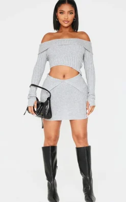 Sale PrettyLittleThing Shape Fold Over Ribbed Mini Skirt Grey