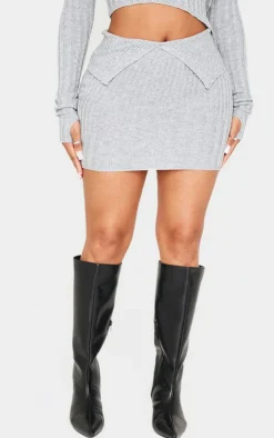 Sale PrettyLittleThing Shape Fold Over Ribbed Mini Skirt Grey