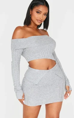Sale PrettyLittleThing Shape Fold Over Ribbed Mini Skirt Grey