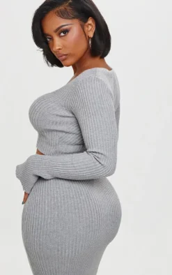 Online PrettyLittleThing Shape Knit Ribbed Long Sleeve Plunge Crop Top Grey