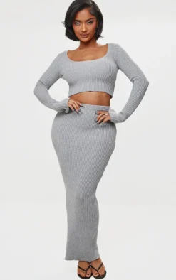Outlet PrettyLittleThing Shape Knit Ribbed Low Rise Maxi Skirt Grey