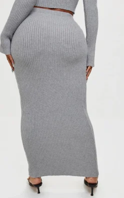 Outlet PrettyLittleThing Shape Knit Ribbed Low Rise Maxi Skirt Grey