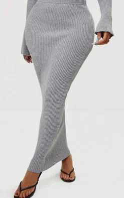 Outlet PrettyLittleThing Shape Knit Ribbed Low Rise Maxi Skirt Grey