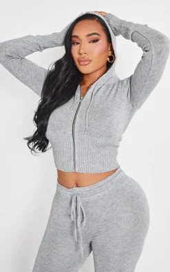 Hot PrettyLittleThing Shape Knitted Zip Through Jacket Grey