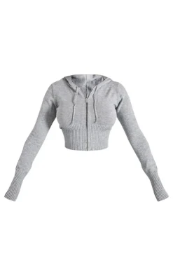 Hot PrettyLittleThing Shape Knitted Zip Through Jacket Grey